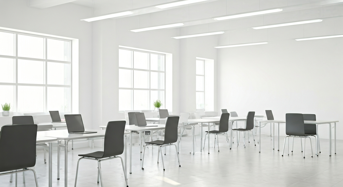 Modern learning space with white walls, large windows, simple desks and laptops arranged for group work, showing a calm and organized educational environment.