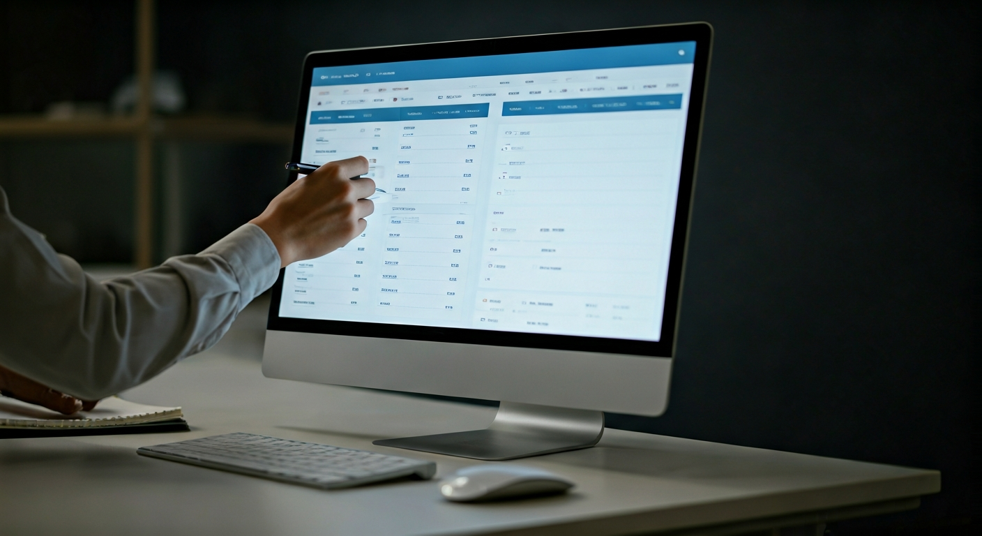 Marketing specialist reviewing an advertising dashboard on a large screen, highlighting campaign metrics with a pen while a colleague takes notes beside the keyboard.