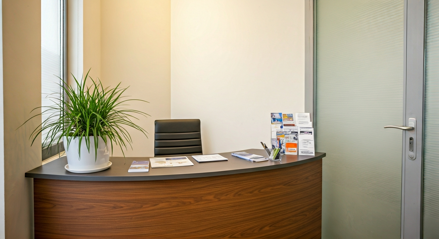 Reception area of a small educational office with a desk, brochures, a plant, and a friendly professional environment, photographed with soft daylight.