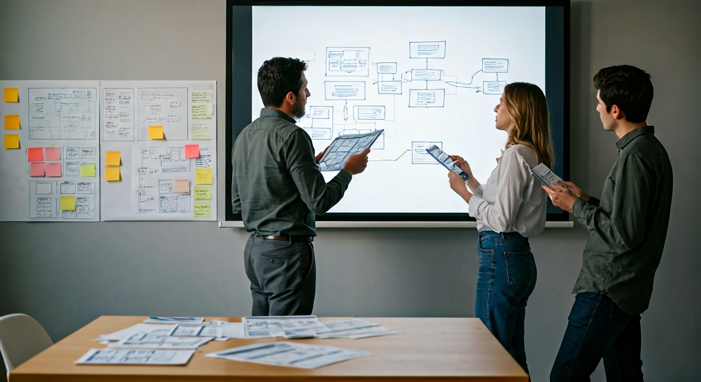 Small group in a workshop setting reviewing wireframes on a large screen, sticky notes on the wall, participants discussing user flows with tablets and printed layouts.
