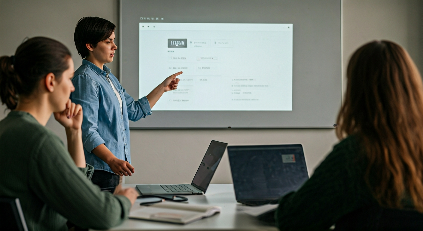 Bright classroom in Zagreb with students working on laptops while an instructor points to a projected Figma interface, modern tables, notebooks, and calm daylight atmosphere.