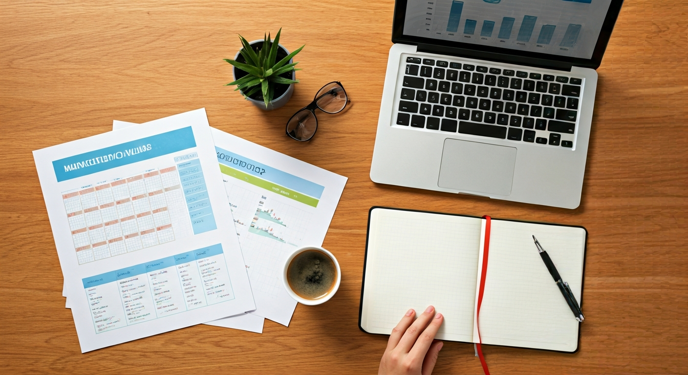 Top view of a marketing planning desk with printed schedules, a laptop showing campaign analytics, a notebook with goals, and a person marking priorities with a pen.