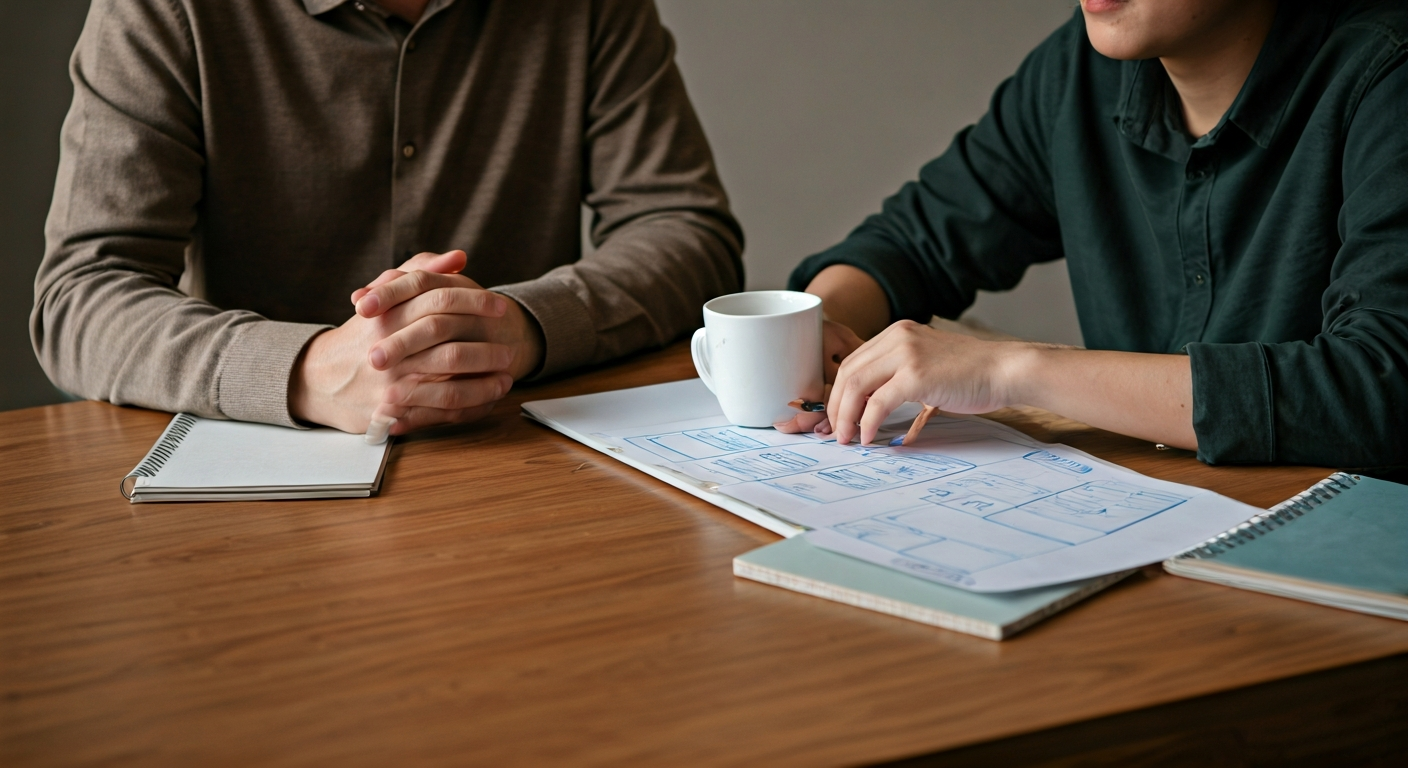 Mentor sitting with a student at a desk reviewing a laptop screen, discussing a wireframe, with notebooks and a cup of coffee on the table.