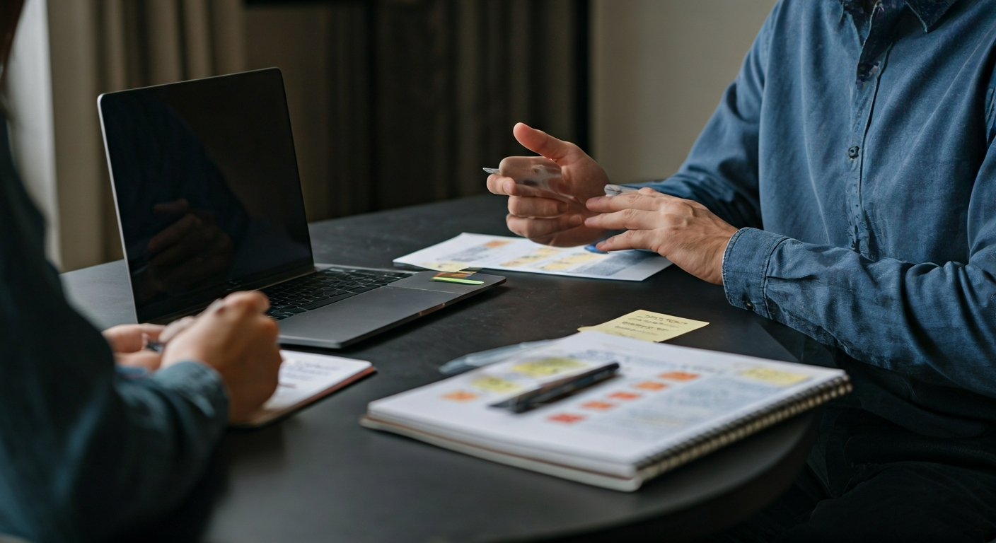 Designer presenting a portfolio on a laptop to a mentor, with printed case studies on the table and a notebook filled with feedback notes.