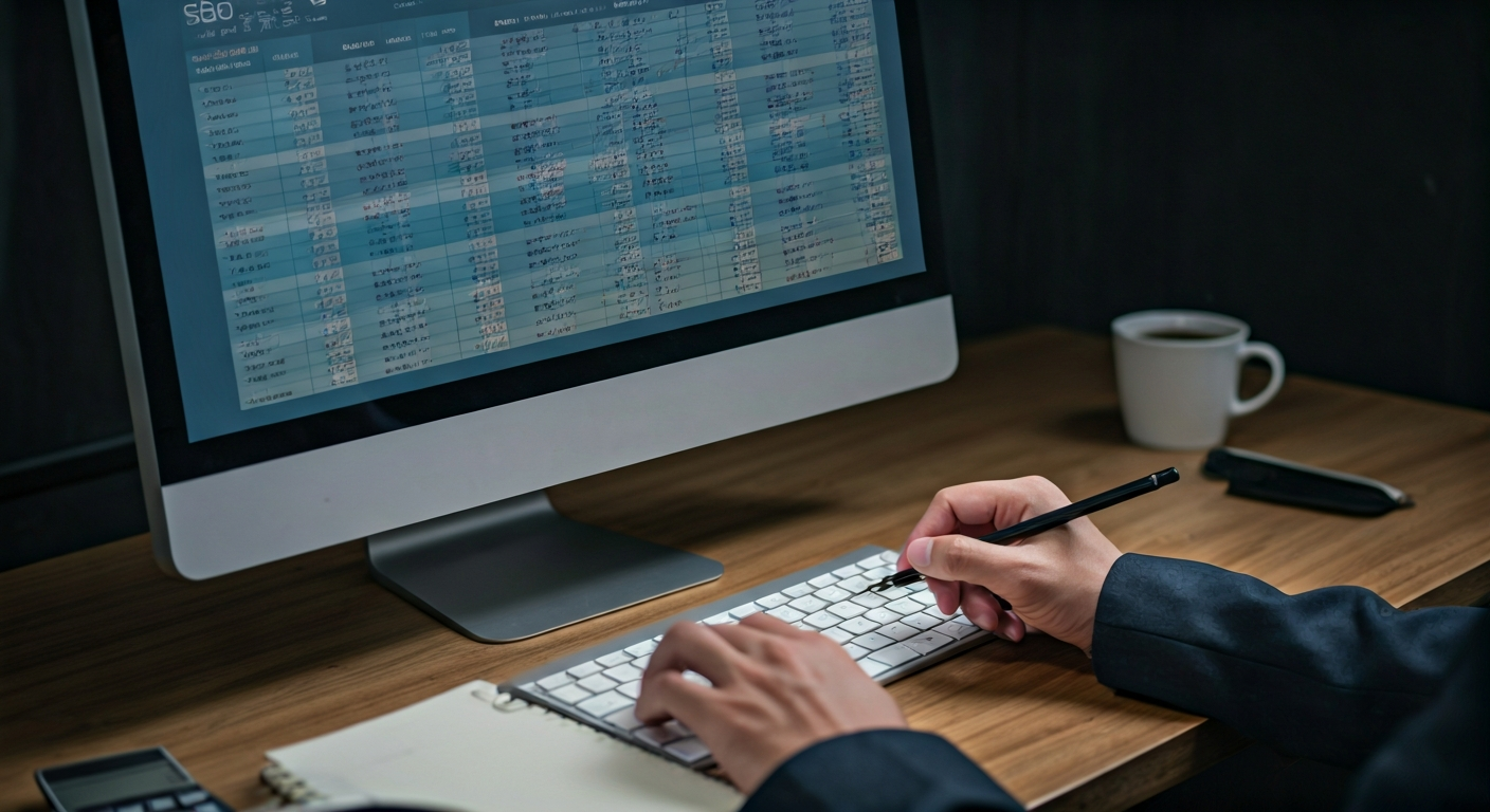 Close-up of a monitor displaying SEO analytics graphs and keyword tables, with a person taking notes on a tablet beside a cup of coffee and a calculator.