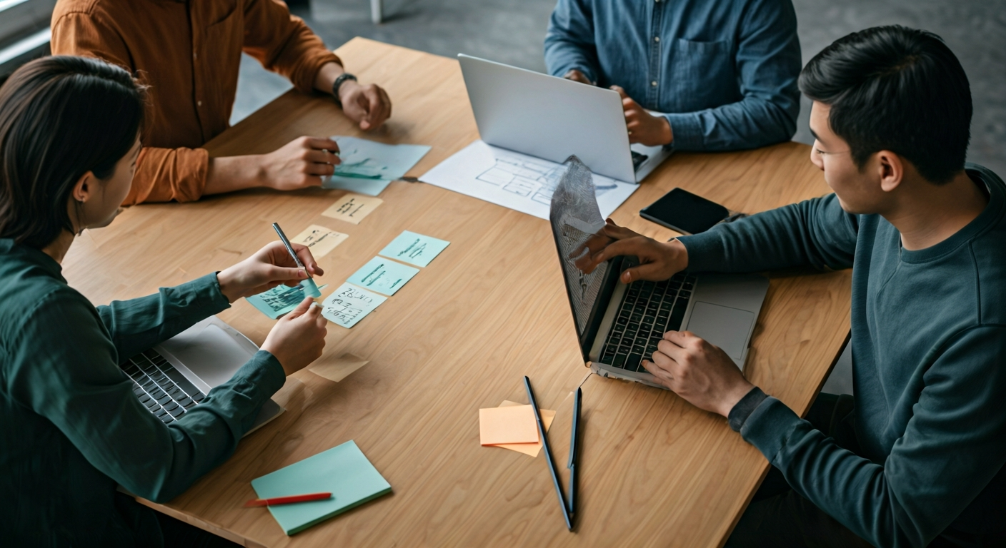 Group of professionals collaborating around a table with laptops and sticky notes, brainstorming website structure and content flow in a calm meeting room.